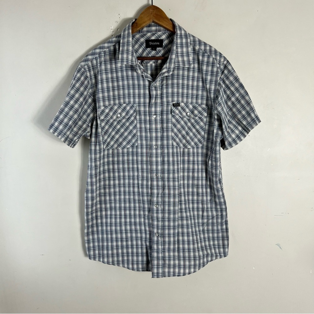 Brixton Men’s Short Sleeve Size Large Western Pearl Snap Blue Plaid Shirt